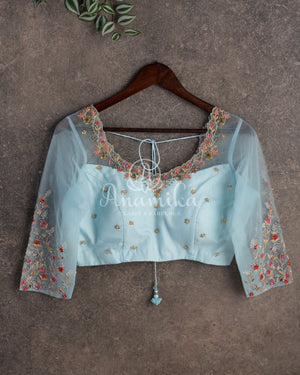 Pastel Blue Floral Georgette Sequins saree with beautiful net sleeves blouse