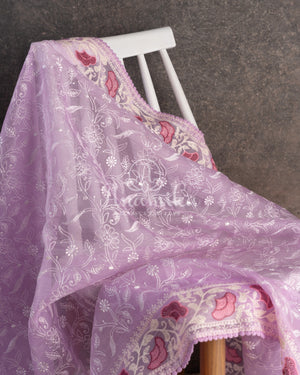 Lovely Lavender Organza saree with all over chikankari work and a stunning designer blouse