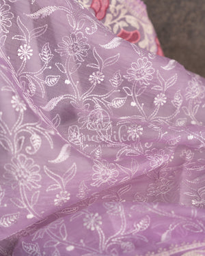 Lovely Lavender Organza saree with all over chikankari work and a stunning designer blouse