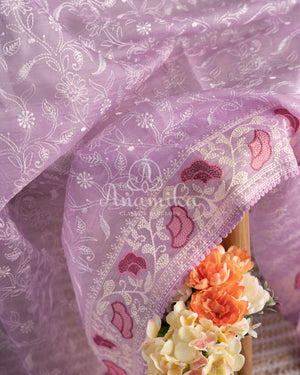 Lovely Lavender Organza saree with all over chikankari work and a stunning designer blouse