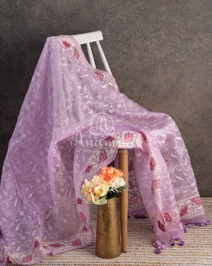Lovely Lavender Organza saree with all over chikankari work and a stunning designer blouse
