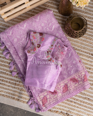 Lovely Lavender Organza saree with all over chikankari work and a stunning designer blouse