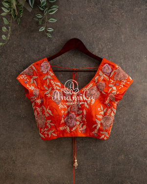 Orange Blouse with all over cutdana work - short sleeves