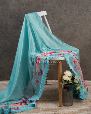 Light Blue Satin Georgette saree in beautiful Floral prints