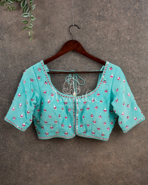 Light Blue Satin Georgette saree in beautiful Floral prints