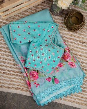 Light Blue Satin Georgette saree in beautiful Floral prints