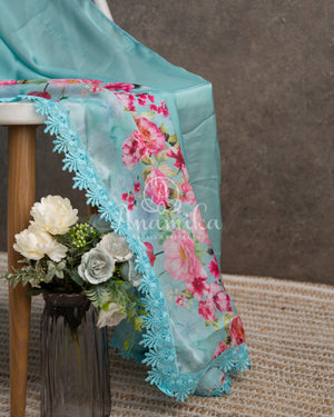 Light Blue Satin Georgette saree in beautiful Floral prints