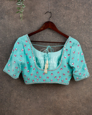 Light Blue Satin Georgette saree in beautiful Floral prints