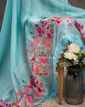 Light Blue Satin Georgette saree in beautiful Floral prints