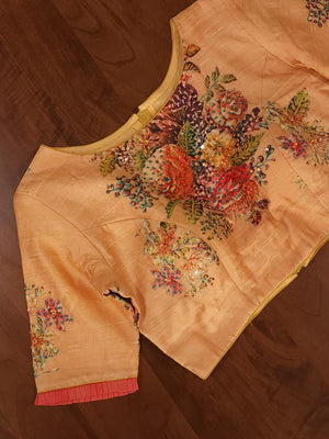 Peach Floral Rawsilk Blouse with all over pearl and zardosi highlighting