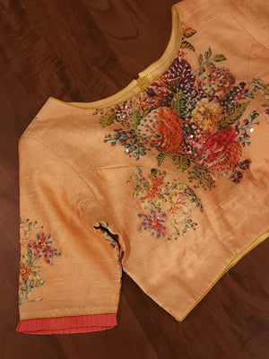 Peach Floral Rawsilk Blouse with all over pearl and zardosi highlighting