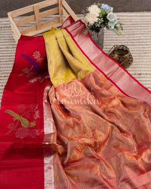 Beautiful Golden Tissue Kuppadam saree with contrast red border