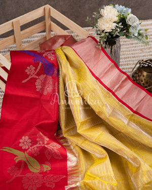 Beautiful Golden Tissue Kuppadam saree with contrast red border