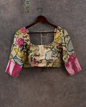 Hot Pink Mangalagiri Silk saree with a contrast pure silk kalamkari blouse