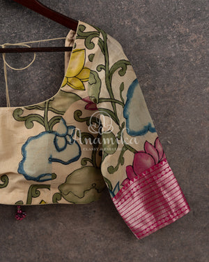 Hot Pink Mangalagiri Silk saree with a contrast pure silk kalamkari blouse