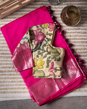 Hot Pink Mangalagiri Silk saree with a contrast pure silk kalamkari blouse