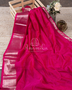 Hot Pink Mangalagiri Silk saree with a contrast pure silk kalamkari blouse