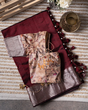 Brown Mangalagiri Silk saree with a contrast pure silk kalamkari blouse
