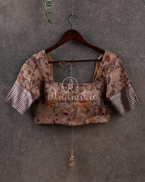 Brown Mangalagiri Silk saree with a contrast pure silk kalamkari blouse