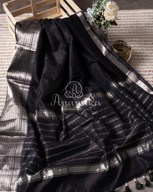 Black Mangalagiri Silk saree with a contrast pure silk yellow floral blouse