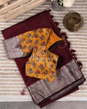 Brown Mangalagiri Silk saree with a contrast pure silk kalamkari blouse