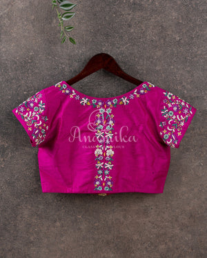 Sea Green Organza Chikankari saree with contrast hot pink blouse