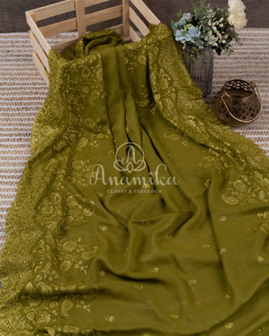 Mehendi Green Georgette saree with chikankari and scallop border