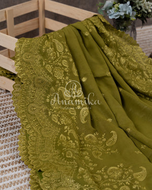 Mehendi Green Georgette saree with chikankari and scallop border