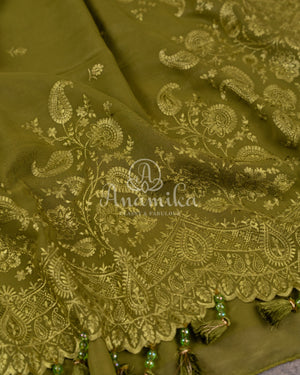 Mehendi Green Georgette saree with chikankari and scallop border