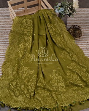 Mehendi Green Georgette saree with chikankari and scallop border