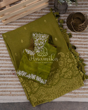 Mehendi Green Georgette saree with chikankari and scallop border