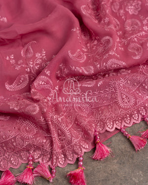 Berry Pink Georgette Chikankari saree with scallop border