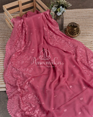 Berry Pink Georgette Chikankari saree with scallop border