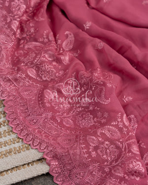 Berry Pink Georgette Chikankari saree with scallop border
