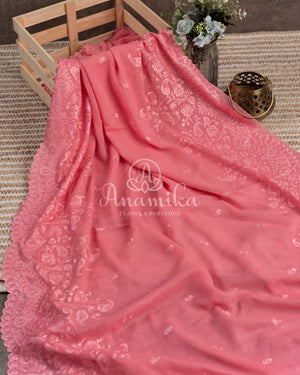 Peach Georgette Chikankari saree with scallop border
