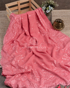 Peach Georgette Chikankari saree with scallop border