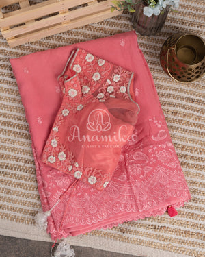 Peach Georgette Chikankari saree with scallop border