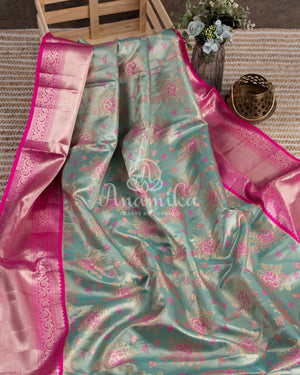 Pastel Blue Kanchipattu saree with hot pink border