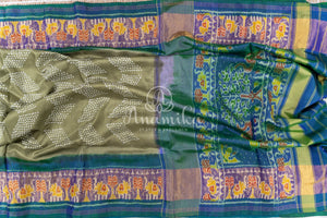Pure silk bandini saree in shades of green/turquoise with a patola border and pallu