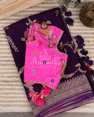 Purple Banarasi georgette saree with floral jaal design paired with contrast pink blouse