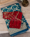 Copper Sulphate Blue Banarasi Silk Saree with contrast maroon red blouse