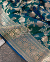 Copper Sulphate Blue Banarasi Silk Saree with contrast maroon red blouse