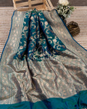 Copper Sulphate Blue Banarasi Silk Saree with contrast maroon red blouse