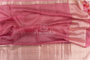 Peach Pink Silk Kota saree with a contrast powder blue floral blouse