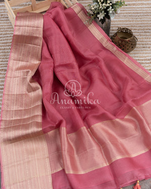 Peach Pink Silk Kota saree with a contrast powder blue floral blouse