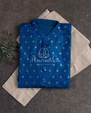 Turquoise Blue Chanderi Silk Kurta with zari woven buttas