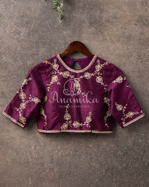 Purple Closed Neck blouse with placement work