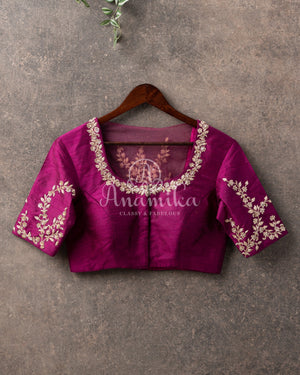 Purple Blouse with gold zardosi work with net overlay on the back