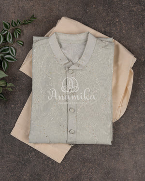 Light Beige/Grey Embroidered Kurta on Chanderi Silk Kurta