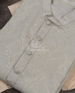 Light Beige/Grey Embroidered Kurta on Chanderi Silk Kurta